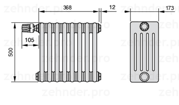 Схема (чертеж) Радиатор Zehnder Charleston 5050/8 №V012 Белый глянцевый RAL 9016